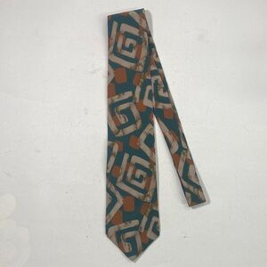 Guy Laroche Teal Tie with Brown and Cream Geometric Pattern